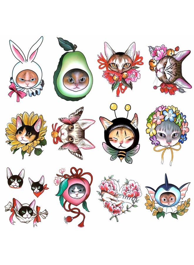 30 Sheets Super Cute Tiny Cats Head Flower Waterproof Temporary Tattoo Suit For Kids Women Pool Party, Easy Apply & Lasts 7 Days, Summer Fun Essentials