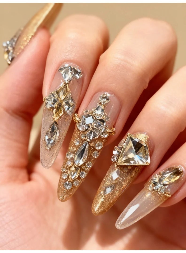 [10PCS Luxury Press-On Nail Kit] Swarovski Crystals + 3D Sculpted Design | No UV Light Needed | Long-Lasting Jelly Glue | Magnetic Velvet Gift Box