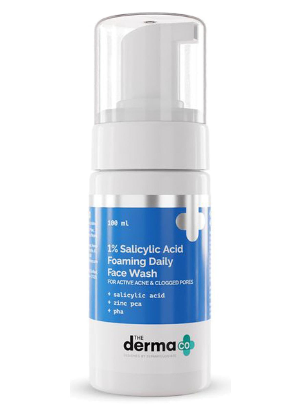The Derma Co 1% Salicylic Acid Foaming Daily Face Wash with Salicylic Acid, Zinc PCA & PHA for Active Acne & clogged Pores - 100 ml Reduces Acne | Unclogs Pores