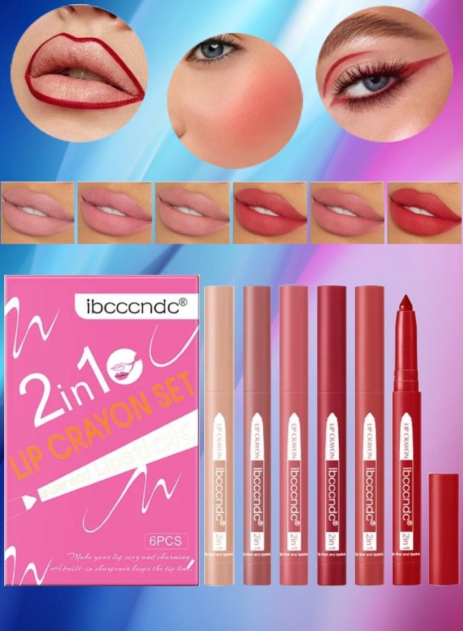 6 Colors 2in1 Lip Liner and Lipstick Lip Crayon Set Waterproof Long Lasting Lipstick Lip Contour Makeup Lip Pencil Set Full Color Lip Liner Lippie Pencil Lip Liner Lipstick Matte 13