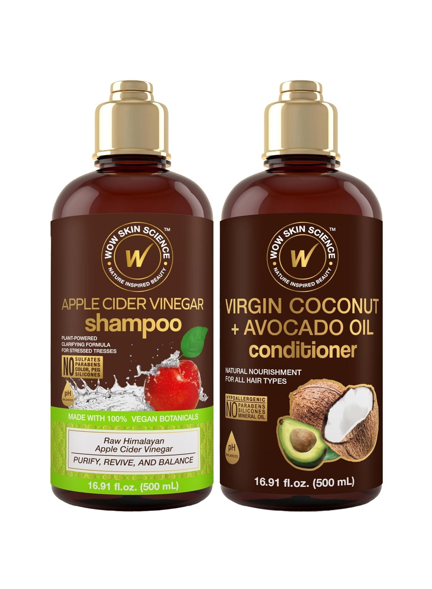 WOW Skin Science Apple Cider Vinegar Shampoo & Conditioner Set with Coconut & Avocado Oil - Men and Women Gentle Shampoo Set - Hair Growth Shampoo for Thinning Hair & Loss - Sulfate & Paraben Free