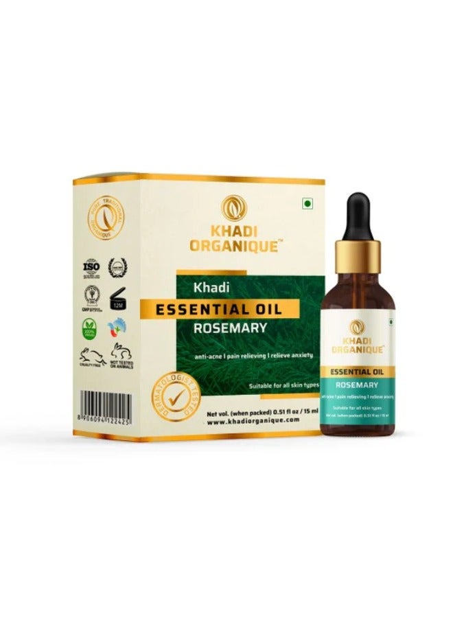 khadi organique Rosemary Essential Oil 15ml | Promotes Hair Growth, Moisturizes Skin | Strengthening of Hair & Scalp Nourishment | 100% Pure, Natural, Organic Essential Oil |