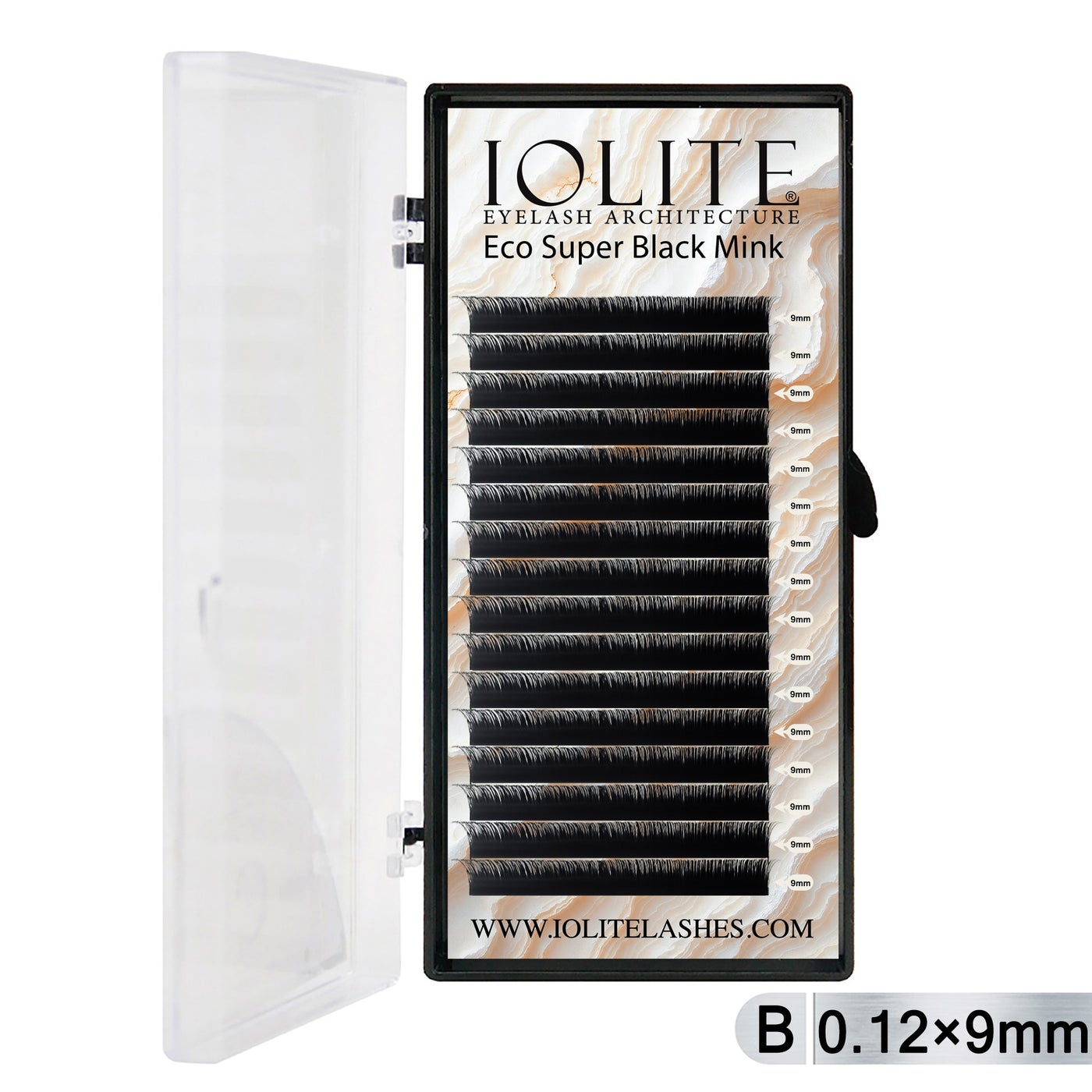 Iolite Super Black Mink Lash Extensions – B Curl 0.12T Mix (6mm–15mm) | Premium Black Mink Eyelash Extension Tray for Lash Artists ISBMB12T - 9MM