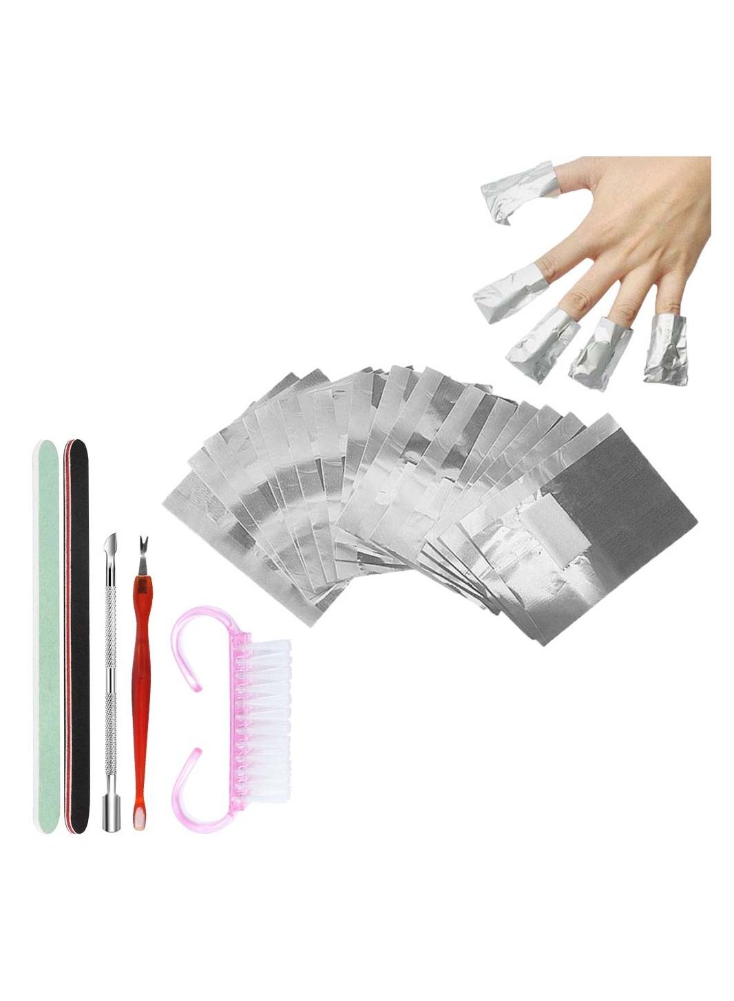 Nail Varnish Remover 200 Pcs Foil Wraps and 5 PCS Tools Set Aluminium Gel Polish Kit Cuticle Buffer Block Pads