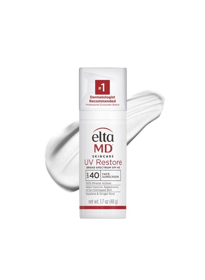 UV Restore Face Sunscreen, SPF 40, Mineral Sunscreen for Sun Damaged Skin Repair, Anti-Aging Zinc Oxide Moisturizer Formula for Face, 1.7 oz
