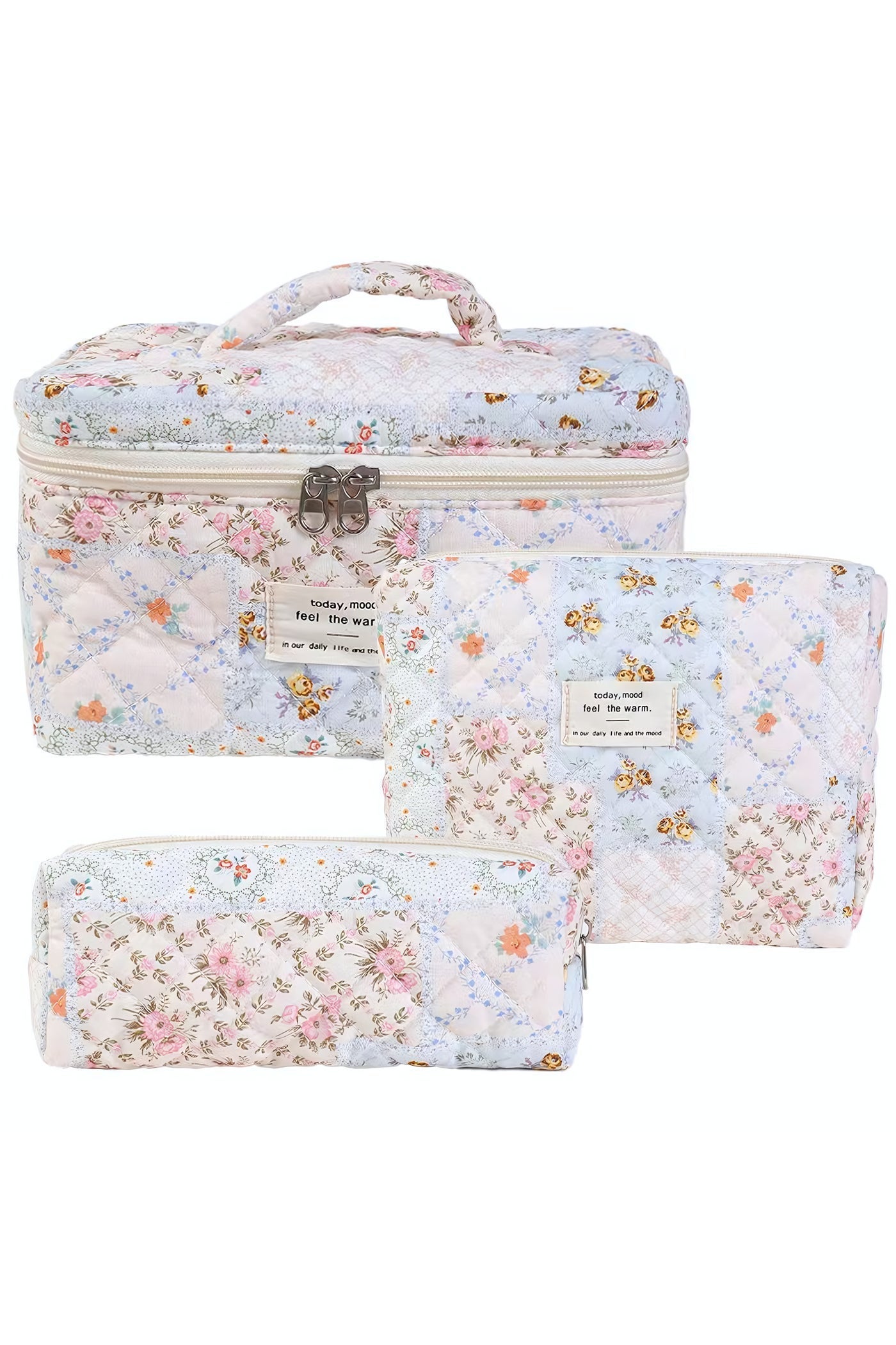 Cosmetic Bags, 3-Piece Cotton Quilted Makeup Bag Set, Large Floral Travel Toiletry Bag for Women, Aesthetic Toiletry Bags for Women Girls, Make Up Bag for Travel and Bathroom (Folk Style)
