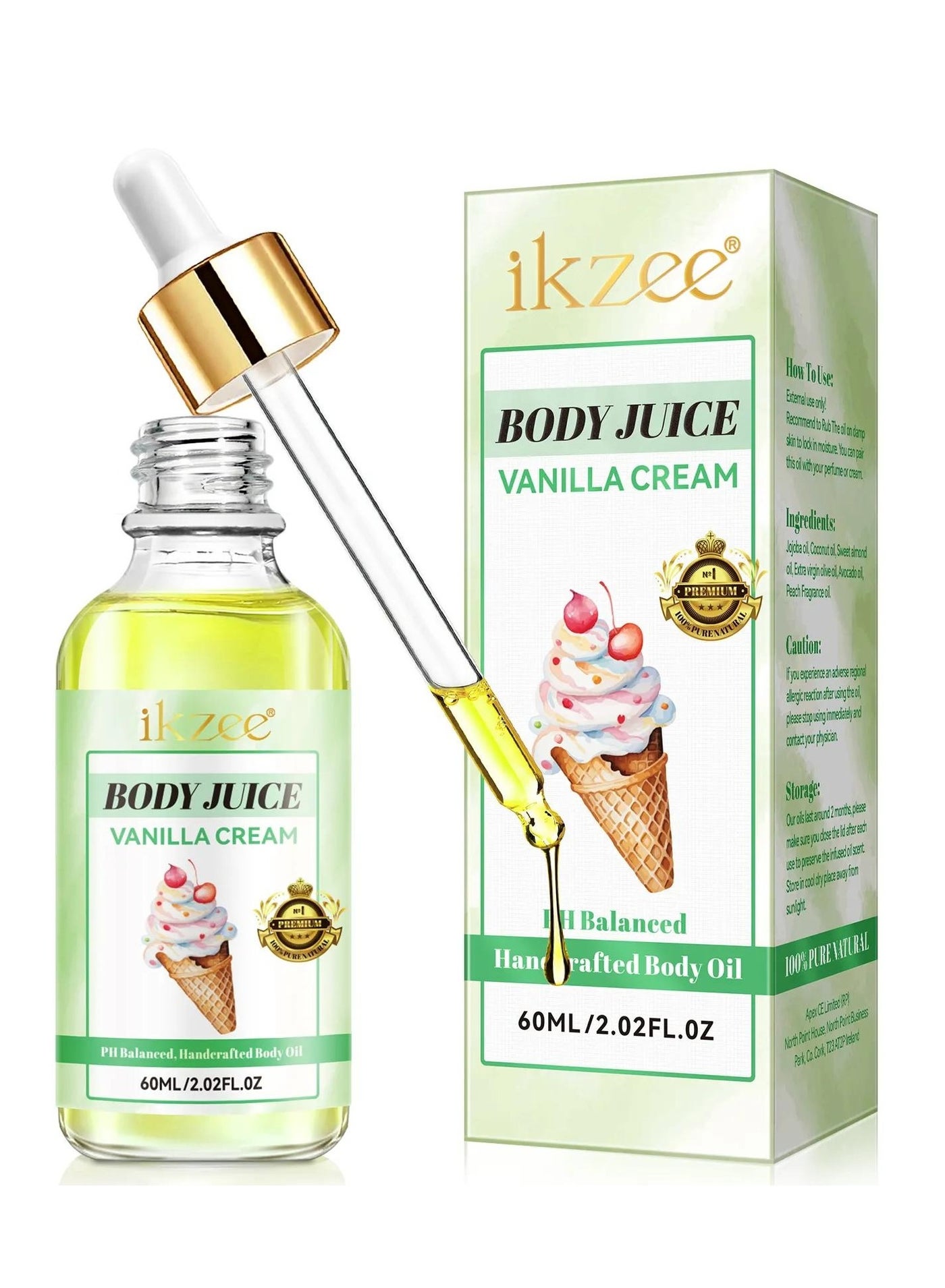 60ml Body Juice Oil Vanilla Cream Hand Crafted Body Oil Nourishing Hydrating and Moisturizing for All Skin Types with Natural Oils Pure Natural Essence Body Juice Oil
