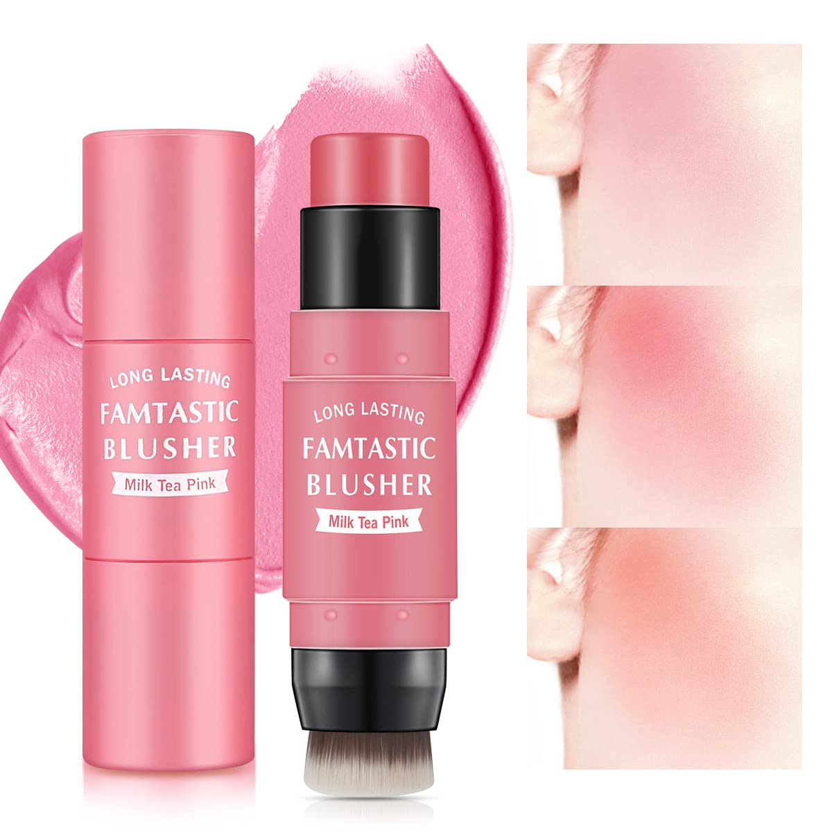 LOKFAR Cream Blush Stick for Cheeks - 2 in 1 Multi Makeup Blush with Brush for Cheeks Tint & Eyes & Lips, Waterproof Smooth Creme Texture, Long-lasting Wear All Day, #01 Cherry Pink