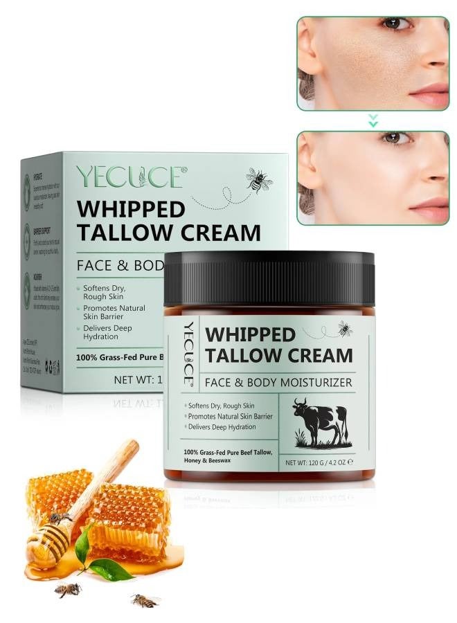 120g Whipped Tallow Cream Face and Body Moisturizer Cream Organic Beef Tallow for Skin Grass Fed Whipped Beef Tallow and Honey Cream Balm Deep Hydrating Nourishing Face and Body Tallow Gel