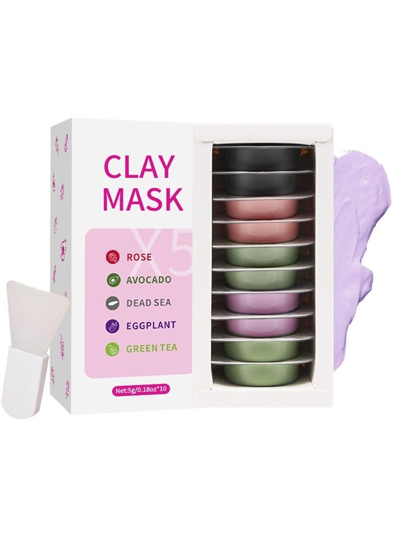 Clay Face Mask - Deep Cleansing & Hydrating with Avocado, Dead Sea Minerals, Rose, Eggplant, & Green Tea Extracts, Ideal for All Skin Types, 10 Individual Packs for a Refreshing Skincare Routine