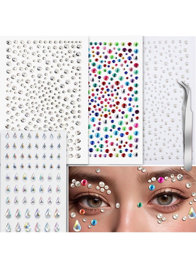 4-Sheet Face Gems Self Adhesive Face Rhinestones for Makeup, Festival Jewels, Hair Gems, Rhinestone Stickers for Face, Eye, Makeup, Nail, Body, Crafts