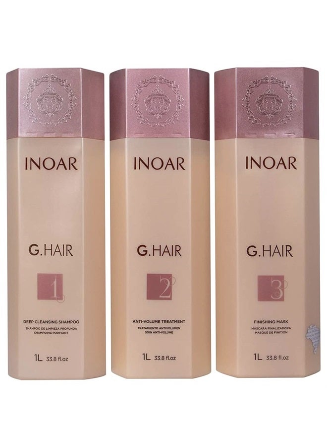 INOAR – G.Hair Keratin Smoothing System Kit, Deep Cleaning Shampoo, Anti Volume Treatment, Finishing Mask,Vegan Haircare for Men & Women (33.8 oz. Each)