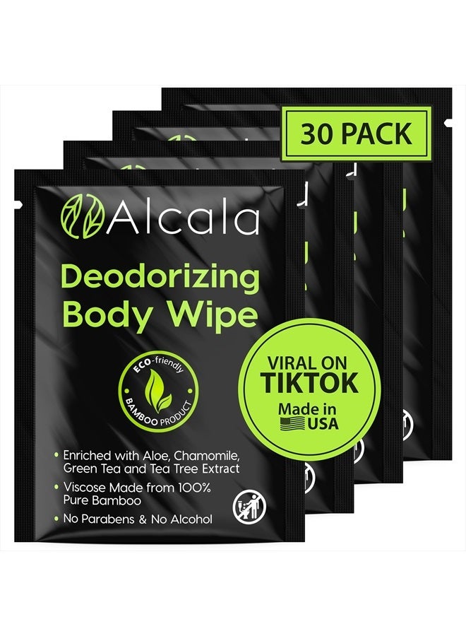 Deodorizing Body Wipes Individual Shower Wipes 100% Pure Biodegradable Bamboo Wet Wipes with Aloe Tea Tree Adult Body Wipes for Women & Men Ideal for Camping Hiking, Hospitals & Gym (30 Pack)