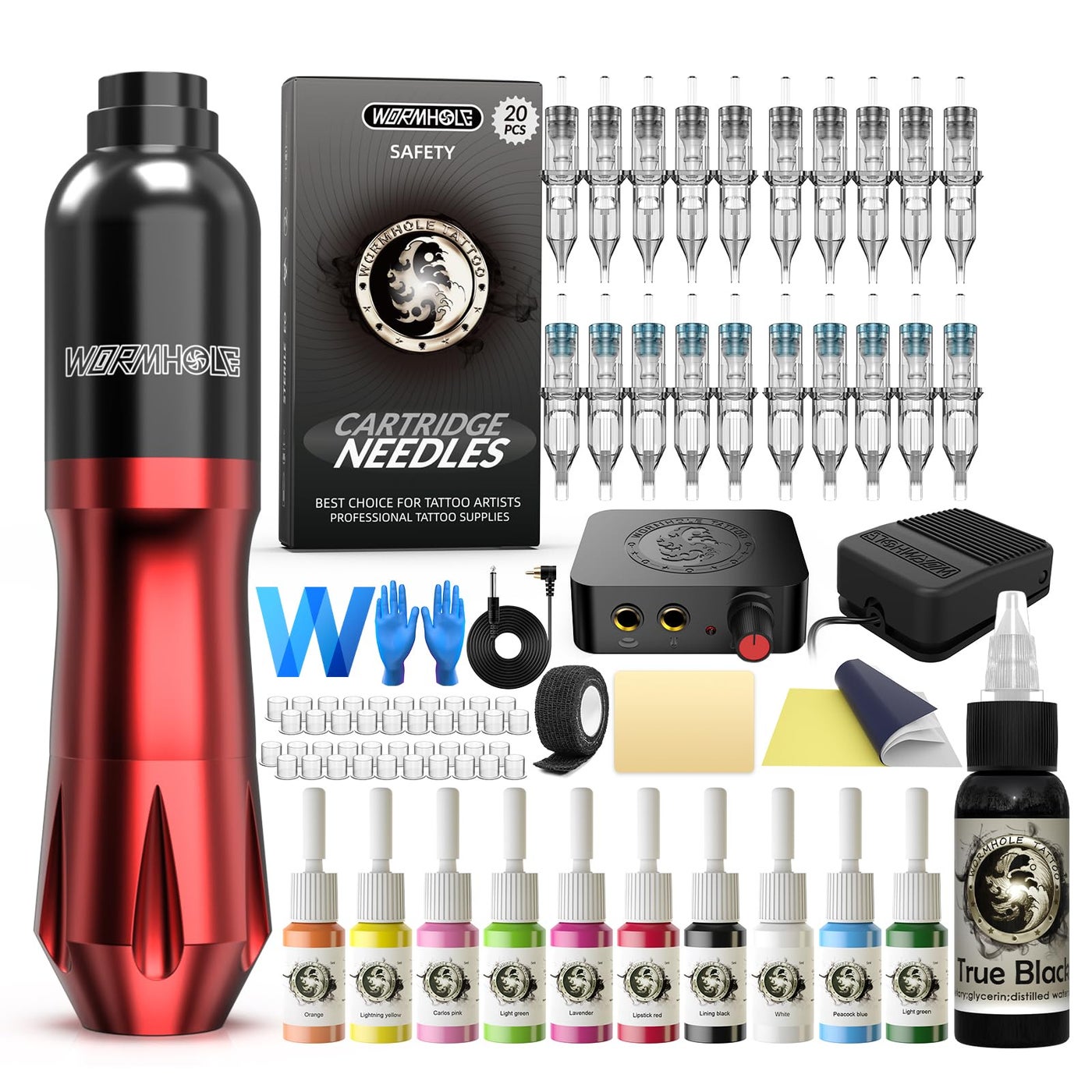 Tattoo Kit, Wormhole Tattoo Gun Kit Tattoo Machine Kit 20 Tattoo Cartridge Needles 10 Inks with Foot Pedal, Power Supply, RCA Tattoo Cord, Tattoo Machine for Artists and Beginners WTK079