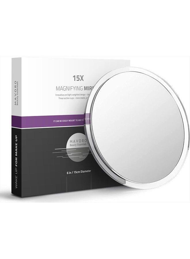 Magnifying Mirror with Suction Cups - Triple Suction Cup Stick on Mirror with 15X Magnification. Portable Travel Makeup Mirror, Magnified Cosmetic Mirror (15X)