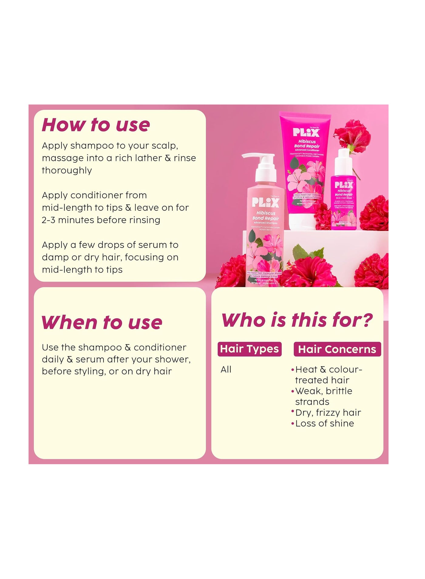 Hibiscus Bond Repair Advanced 10-in-1 Serum, Shampoo & Conditioner Repairs Molecular Structure & Reduces Breakage FiberHance™ & TechnoHYAL Hair Complex - image 4