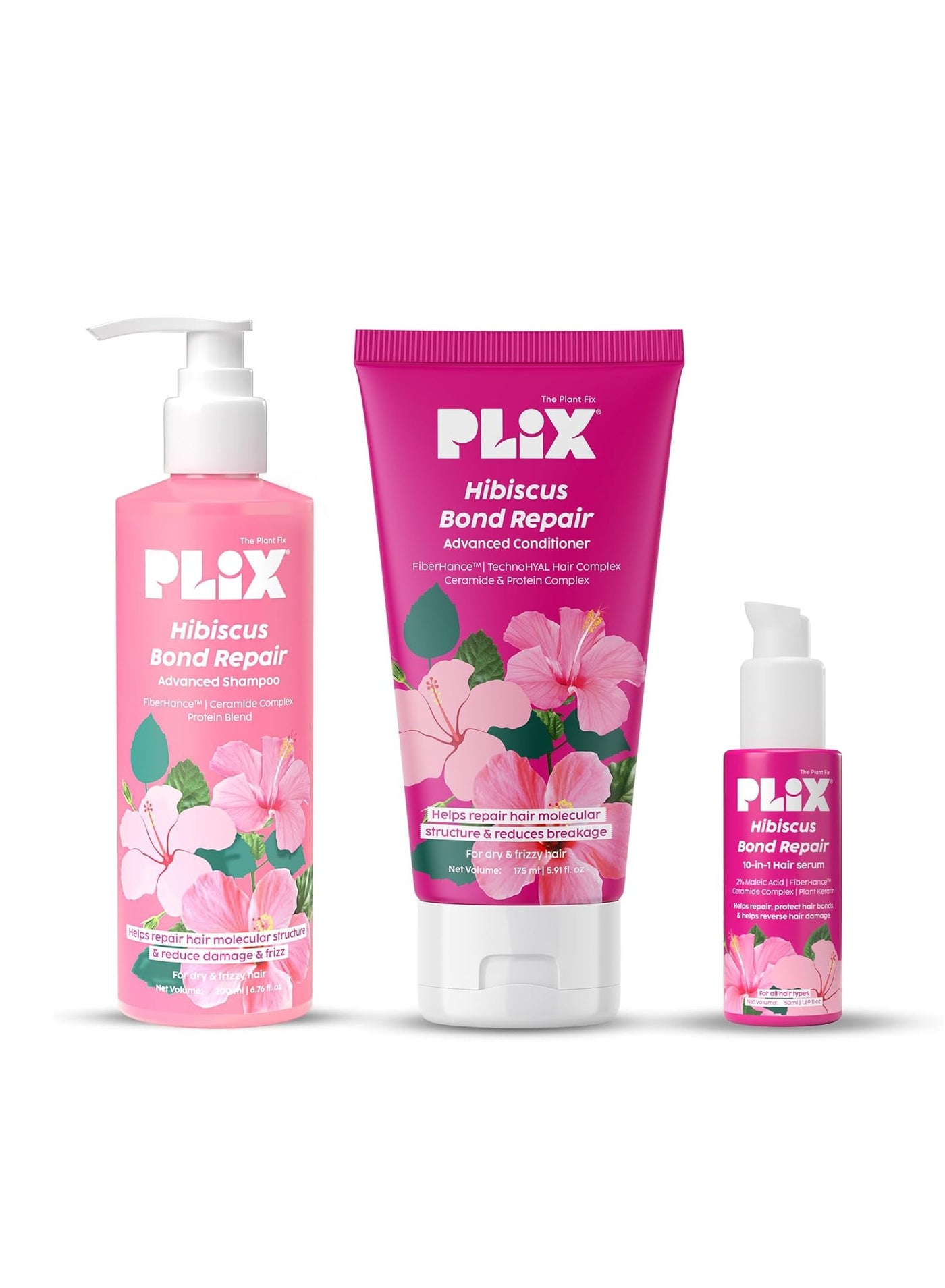 Hibiscus Bond Repair Advanced 10-in-1 Serum, Shampoo & Conditioner Repairs Molecular Structure & Reduces Breakage FiberHance™ & TechnoHYAL Hair Complex
