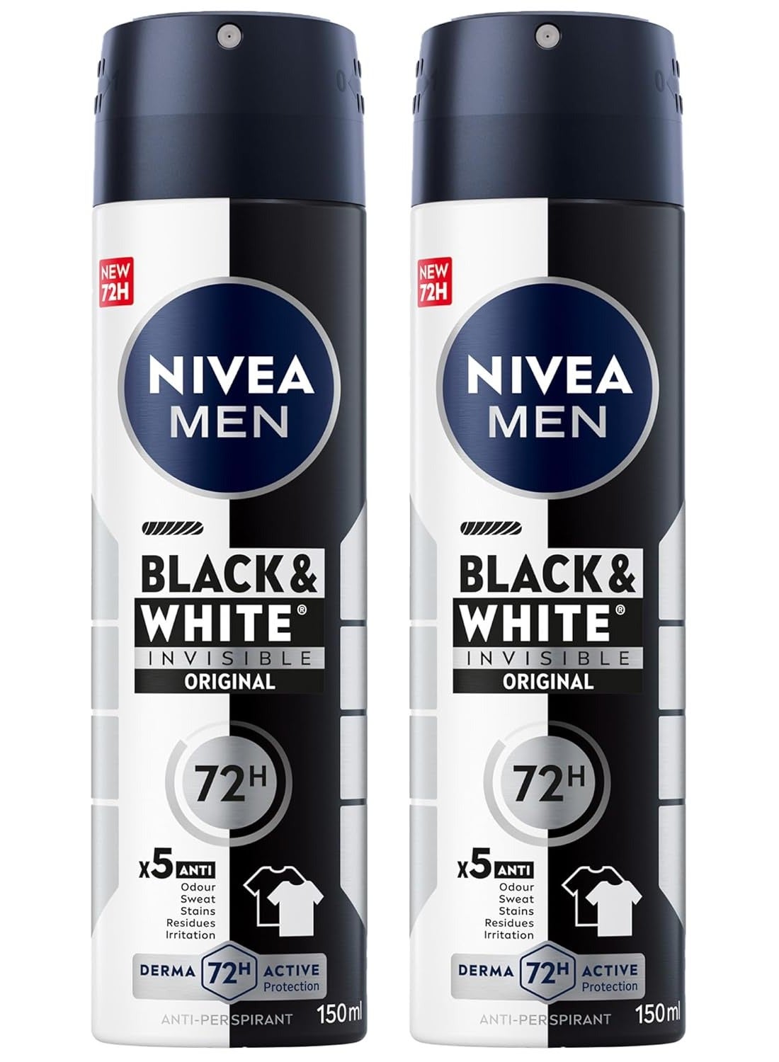 MEN Black & White Invisible Original Antiperspirant Deodorant Spray 72H, 2x150ml