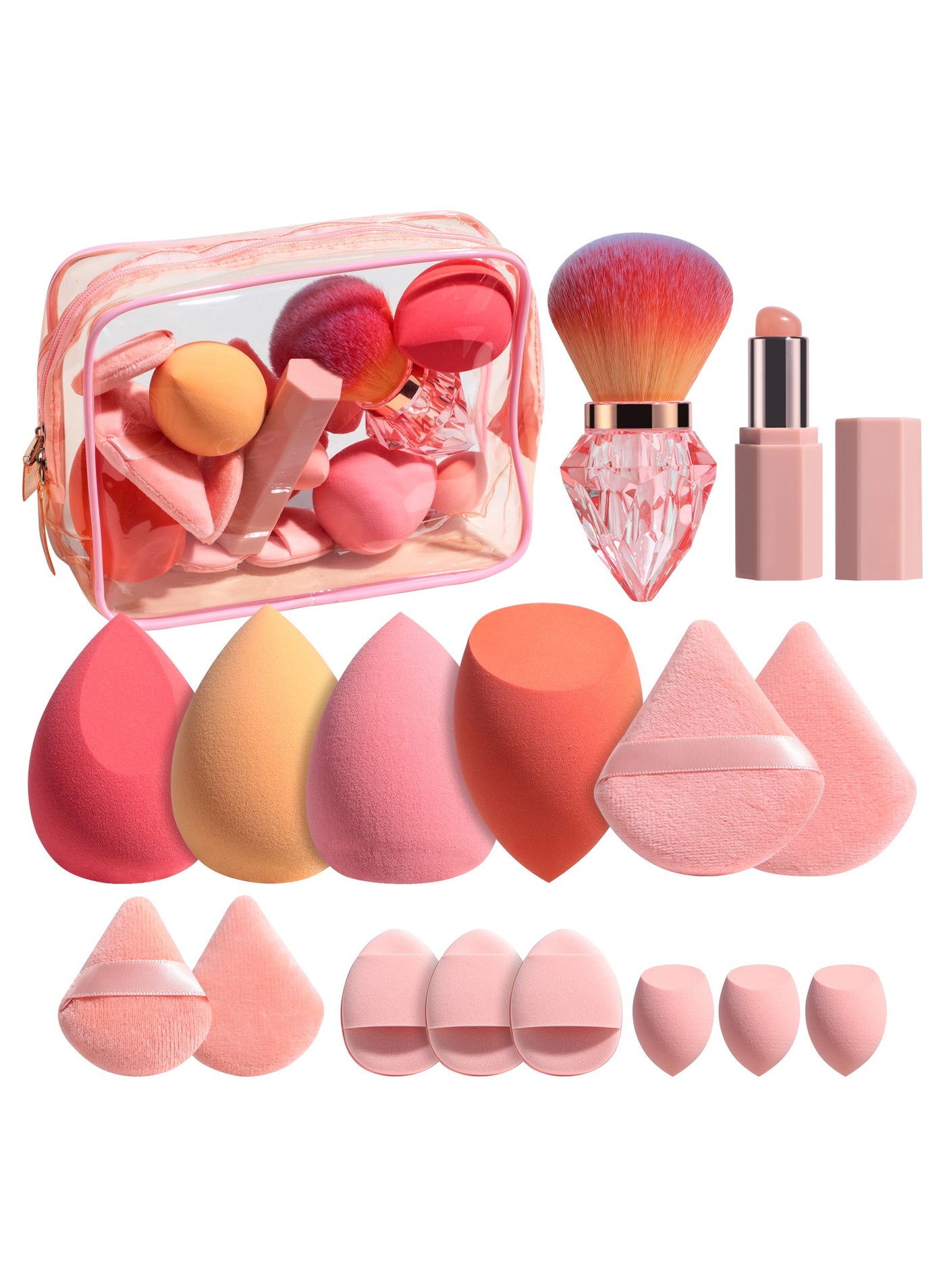 17 Pcs Makeup Sponge Powder Face Makeup Tools Large Powder Kabuki Brush Silicone Lip Brush Makeup Sponge Set, High Quality Sponge, Synthetic Hair, Silicone set