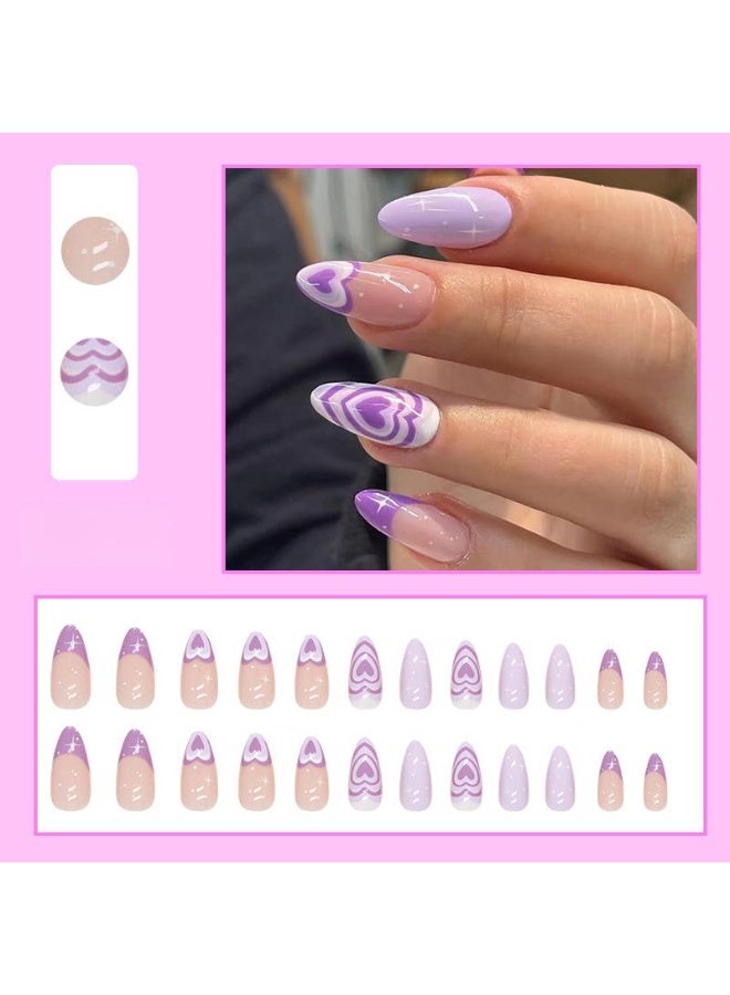 24pcs Almond-Shaped Purple Press-On Nails – Heart & Star Glitter Design, Medium Length, Fashion Sweet Style