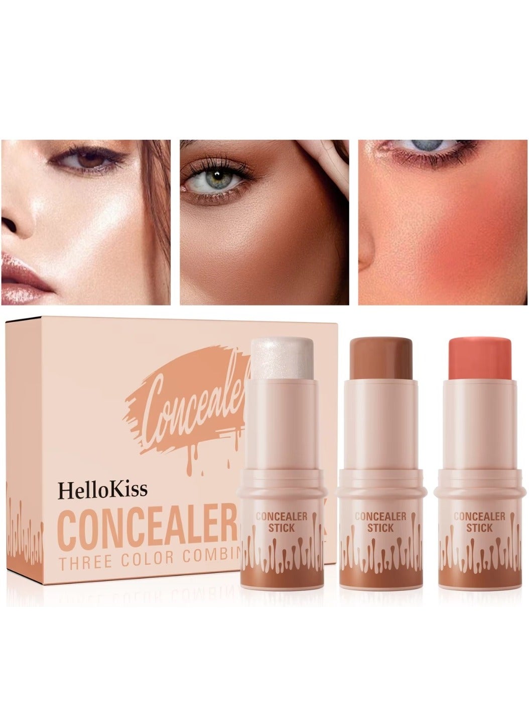 Concealer Stick Three Color Combination Set Highlight Contour and Blush Makeup Stick Set Cream Contour Concealer Stick Set Contour Highlighter Blusher Makeup Stick Soft Texture Skin Highlight Easy Makeup Stick SET C