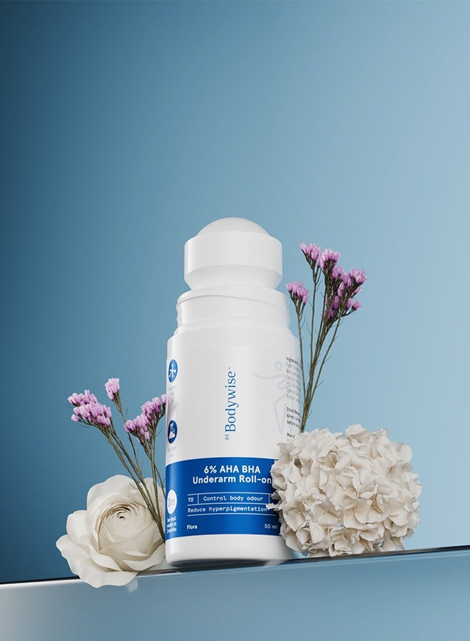 4% AHA BHA Underarm Roll on | With 2% Lactic Acid, 1% Mandelic Acid, 1% Salicylic Acid | Prevents Odour, Reduces Pigmentation | For Radiant Underarms | Suitable For Sensitive Skin | Flora 50ml
