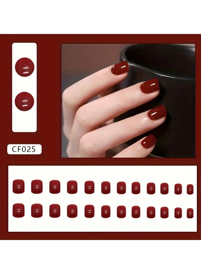 24pcs Glossy Short Square Fake Nails, Red Full Cover Press On Nails, New Year False Nails For Women Girls