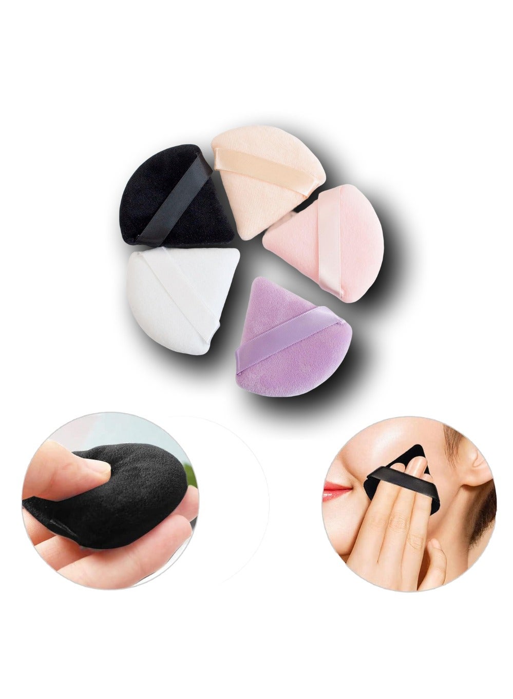 Beyond Basics Triangle Beauty Blender Powder Puff Soft Cotton Makeup Sponge Reusable Face Powder Sponges with Strap for Loose Powder Pink,Lite-Pink,Purple,White and Black (5-Pack).