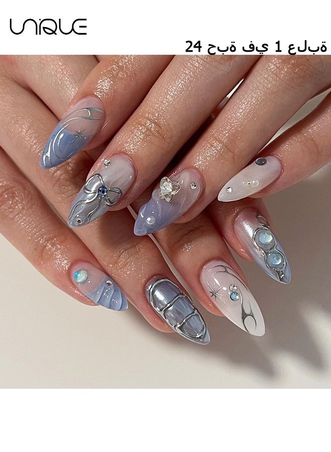 24Pcs Fake Nails, Press Nails, Mid-Almond Manicure - Light Blue Silver Starlight Diamond Manicure - 3D Butterfly knot Nail Art - Fake Nail Patch