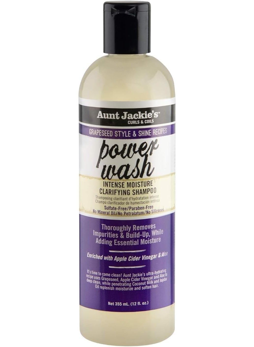 Aunt Jackie's Power Wash Intense Moisture Clarifying Shampoo – Sulfate-Free Deep Clean & Hydration with Aloe & Apple Cider Vinegar – 355ml