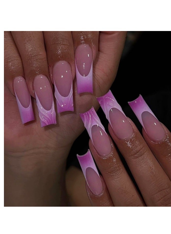 24pcs Long Square Shape Nails  French Stripe Press On Nails Acrylic Nails Fake Nails Artnail Tips Acrylic Nails 3d  Perfect For Everyday Wear