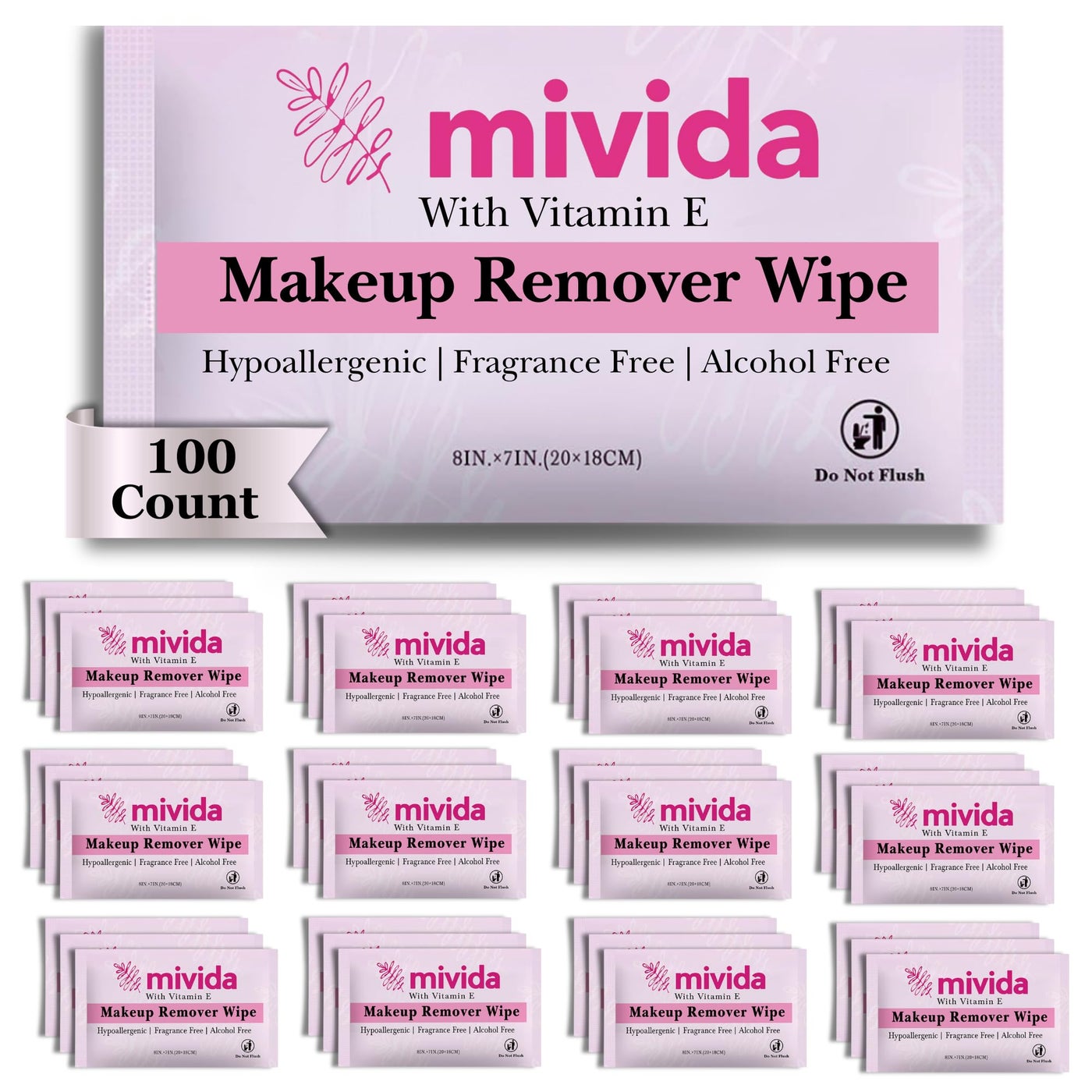 mivida 100 Count Individually Wrapped Makeup Remover Wipes with Vitamin E | Fragrance-Free, Alcohol-Free makeup wipes | Hypoallergenic single make up removing wipes