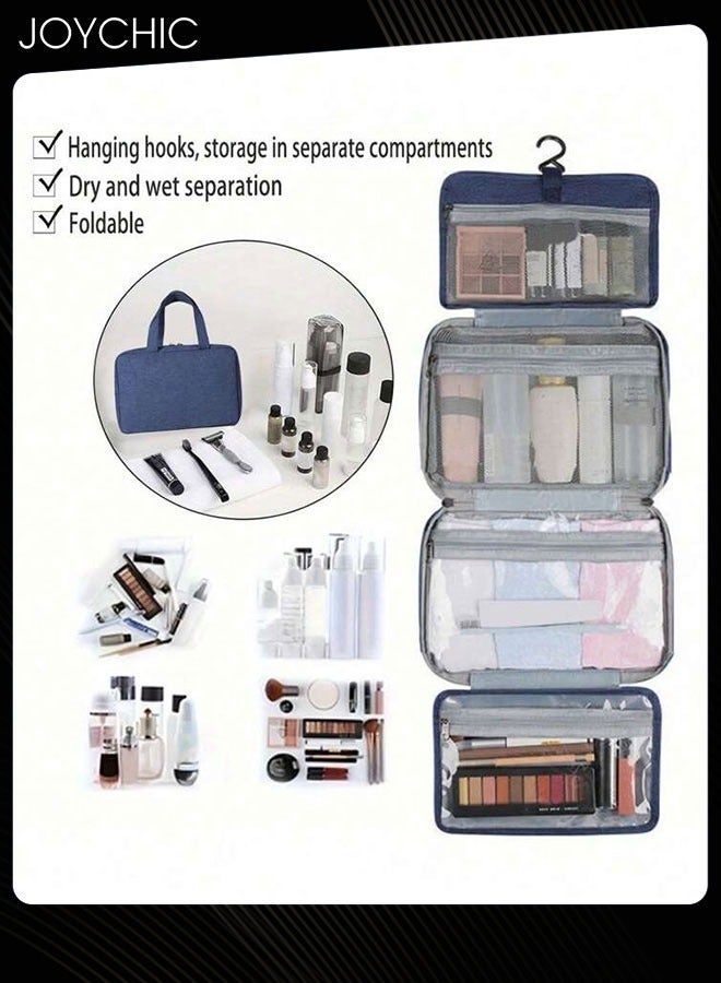 Portable 4-fold Toiletry Bag for Business Trips Large Capacity Hanging Women and Men Travel Multi-functional Waterproof Storage Bag Navy Blue