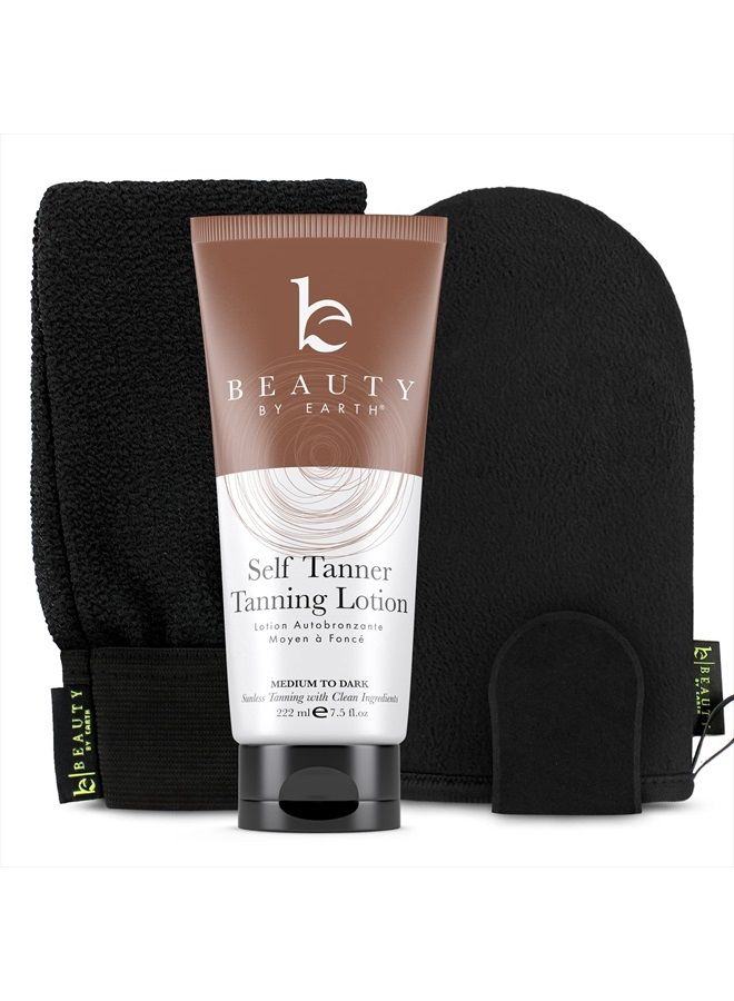 Self Tanning Bundle - Sunless Tanning Lotion Best Sellers with Self Tanning Mitt, Exfoliating Glove and Face Tanner Mitt, Best Self Tanner for Face and Body Kit for Streak Free, Sunless Tanner Results