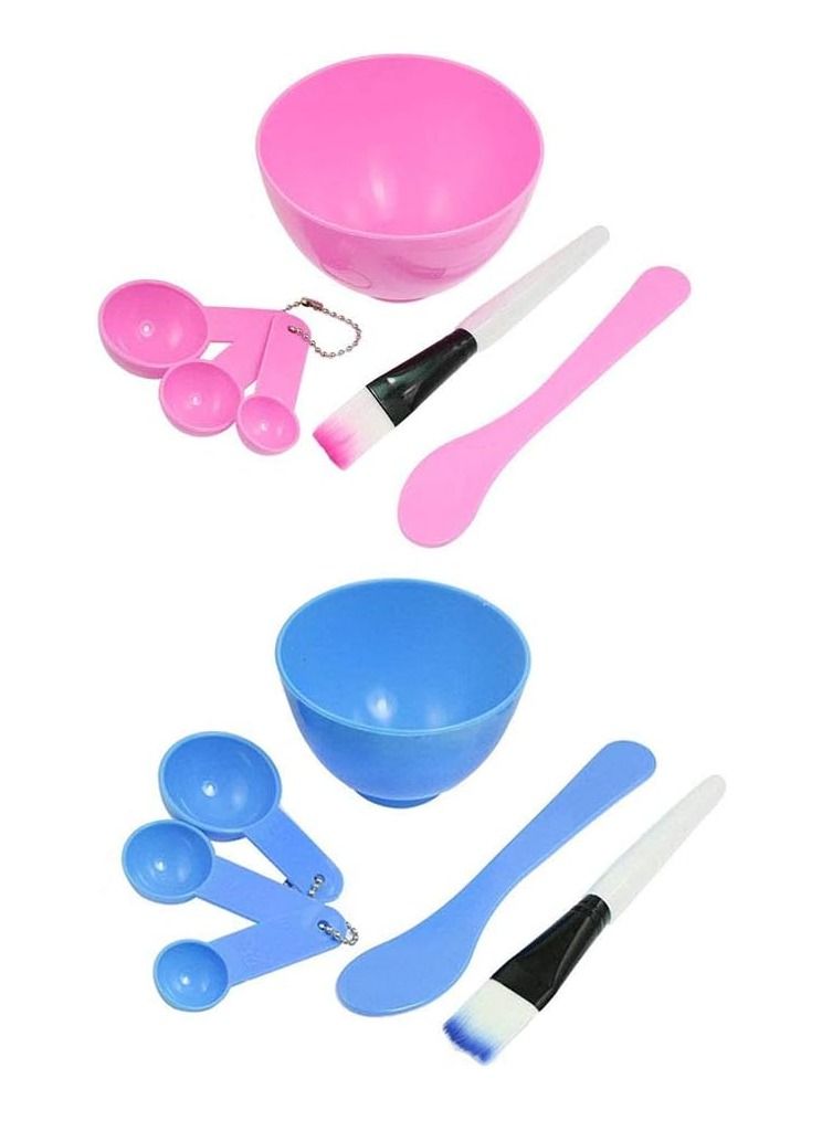 Complete DIY Facial Care Set: 4-in-1 Face Mask Bowl and Brush Kit for Portable Skin Care - Non-Toxic, Pink and Blue (2 Sets)
