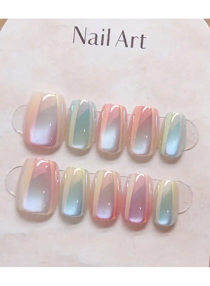 Gradient Rainbow Cat Eye Glitter Square Nail Tips Set of 10 - Middle Length Full Cover Glossy Finish False Nails for Daily Wear and Special Occasions-Medium