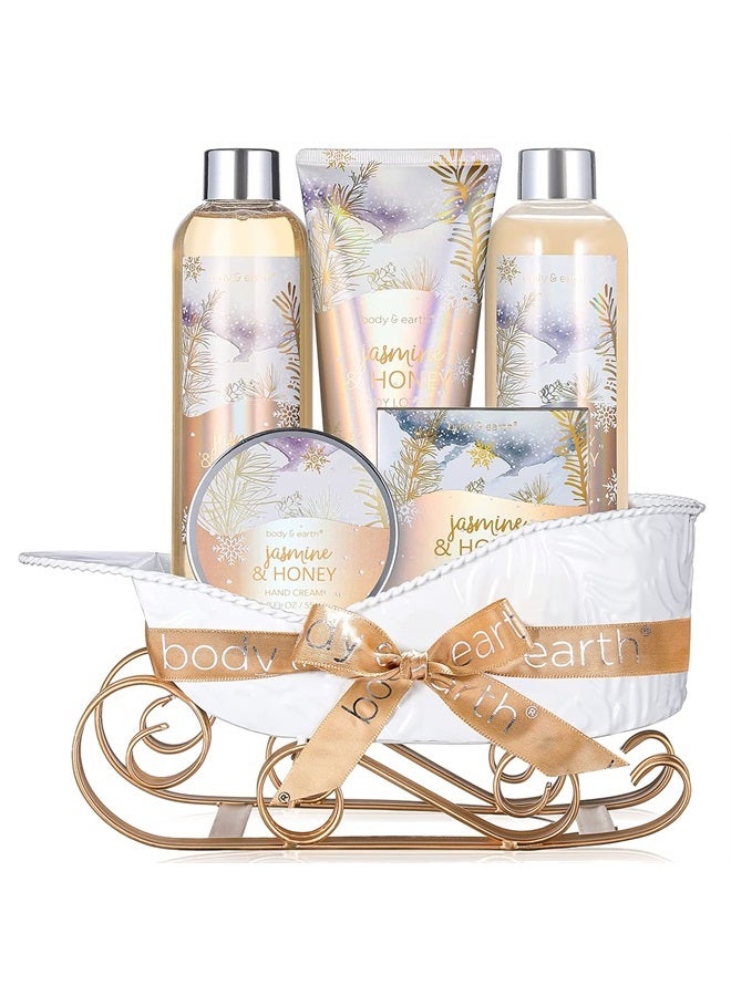 Gift Basket for Women - Body & Earth Bath Gift Set for Women with Jasmine & Honey Scent, Includes Bubble Bath, Shower Gel, Body Lotion and Hand Cream, Valentine Gifts for Her