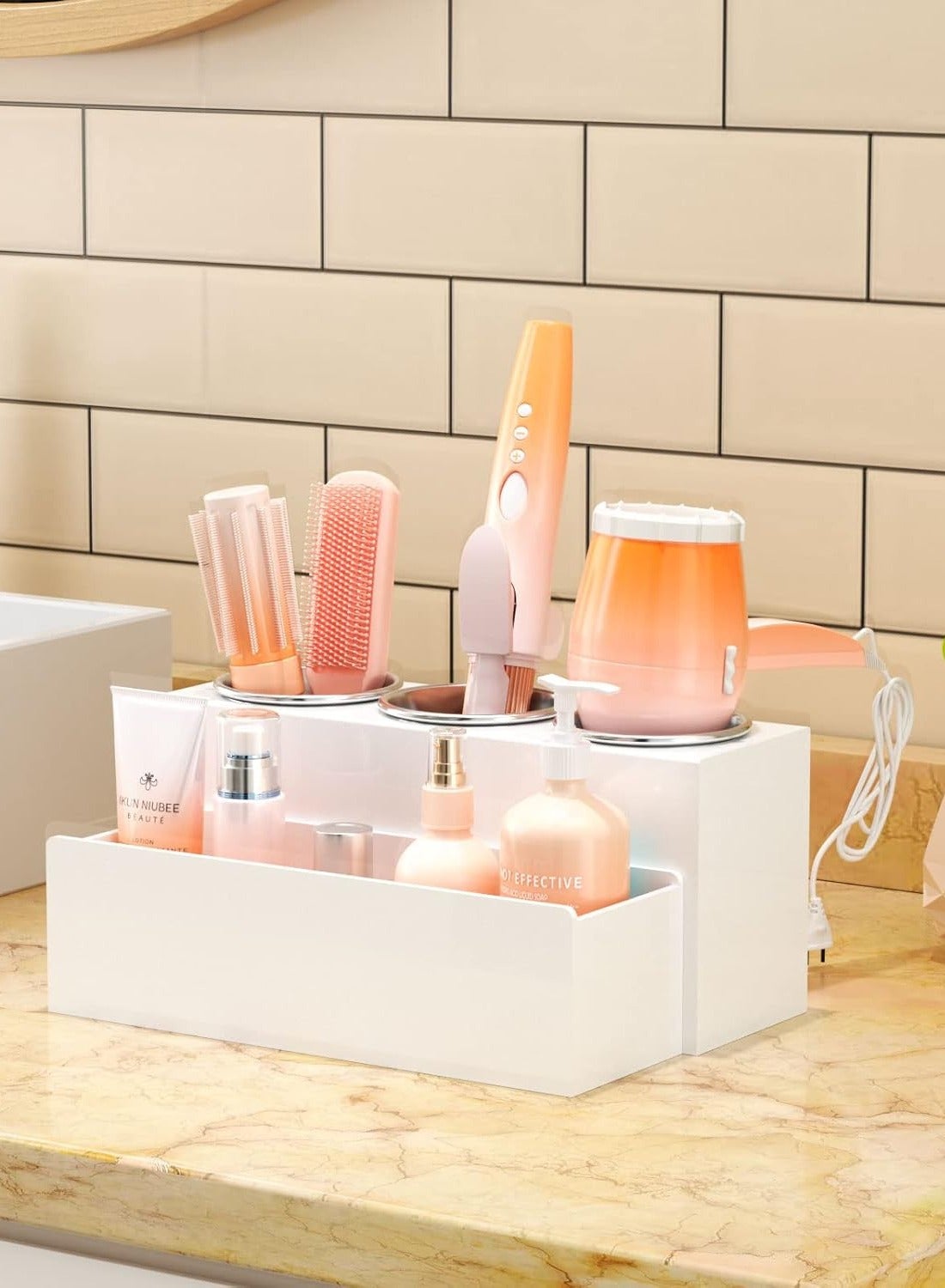 Hair Tool Organizer, Acrylic Hair Dryer and Styling Holder, Bathroom Countertop Blow Dryer Organizer, Vanity Storage Stand for Accessories, Makeup, Toiletries (White)
