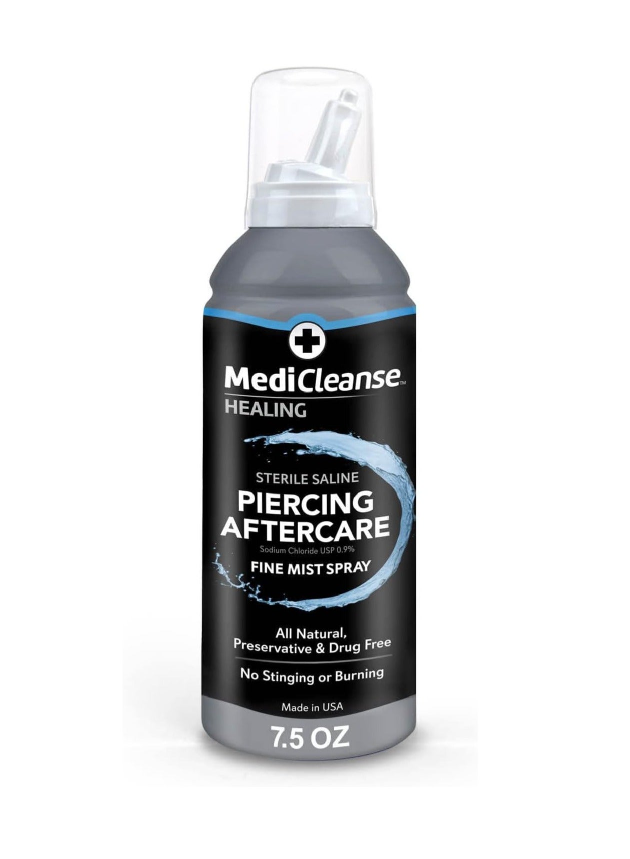 MediCleanse Sterile Saline Piercing Aftercare Fine Mist Spray, 7.5 Ounce, All Natural, No Alcohol, Vegan Friendly, for Piercings and Tattoos, Made in USA