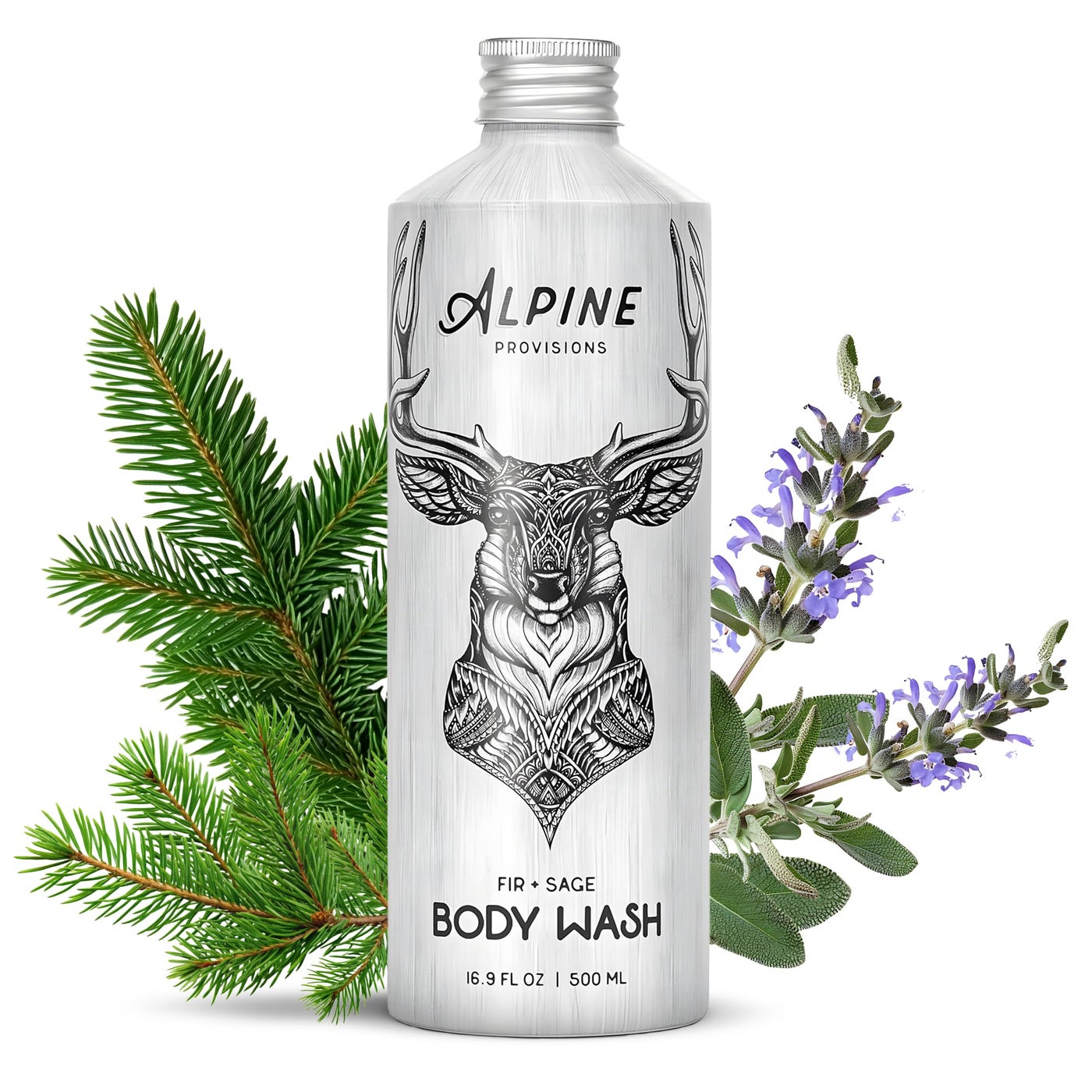 Alpine Provisions Natural Fir & Sage Moisturizing Body Wash â€“ Refreshing with Essential Oils, Aloe Vera & Coconut Oil â€“ Vegan, Sulfate-Free, Plastic-Free Aluminum Bottle â€“ 16.9 FL Oz