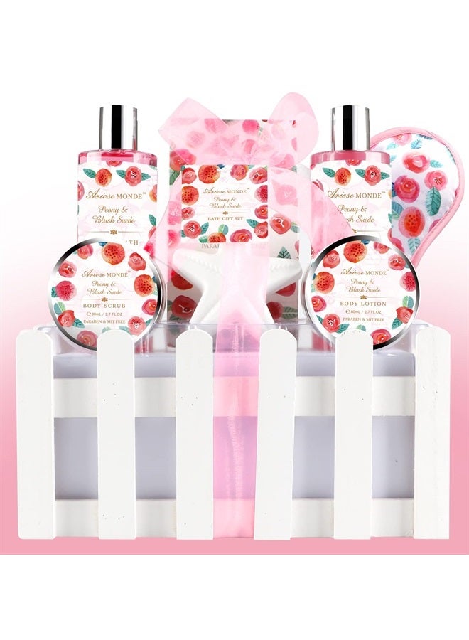 Spa Basket Gift Set for Women, Peony & Blush Suede Fragrance, Home Relax Bath Gift Set with Shower Gel, Bubble Bath,Body Lotion,Body Scrub,Bath Bombs,Bath Salt, Eye Mask