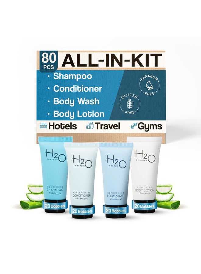 H2O Therapy Hotel Soaps & Toiletries Bulk Set | 1-Shoppe Amenities Kit | 0.85oz Shampoo & Conditioner, Body Wash, Lotion | Travel Size | 80 Pieces