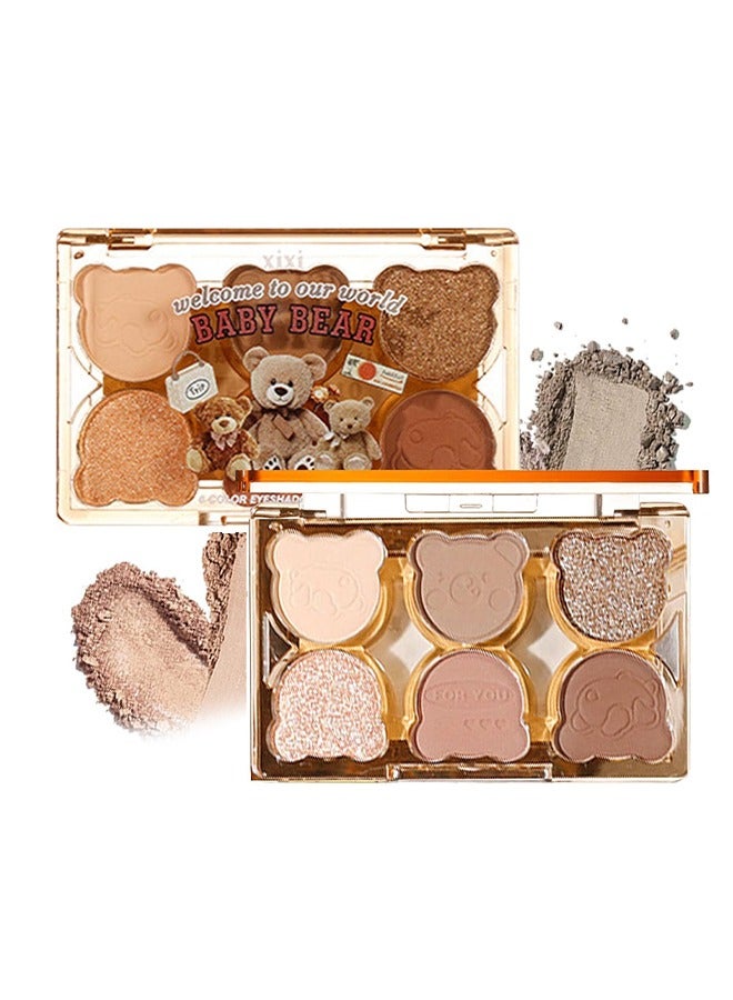 6 Color Eyeshadow Palette，Matte & Shimmer ，Eyeshadows Blendable & Long Lasting Eye Shadow， Blendable & Buildable Eye Makeup Cute Bear outer packaging #01