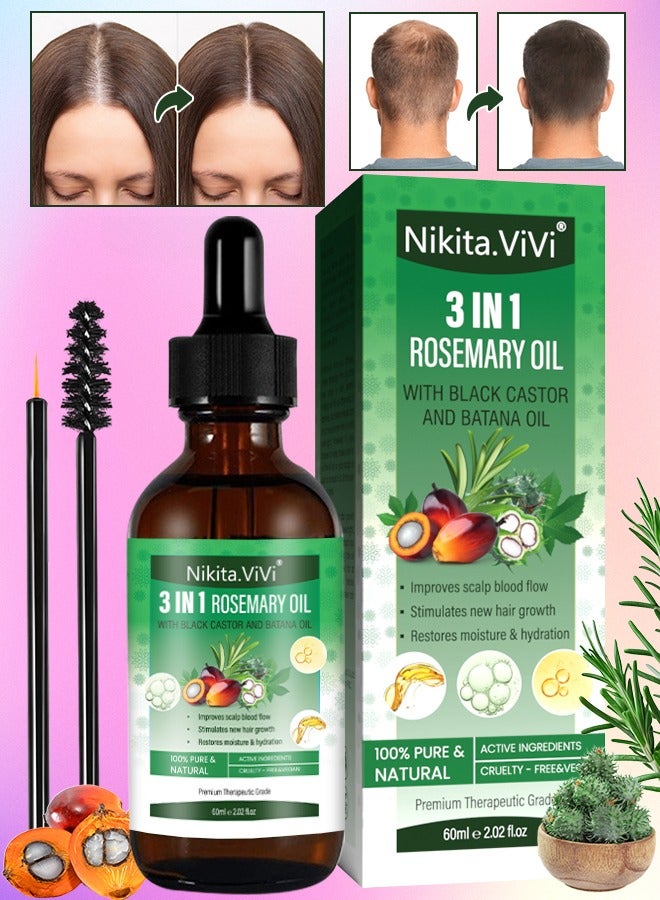 3 In 1 Rosemary Oil with Black Castor Oil & Batana Oil for Hair Care Hair Conditioner Oil for Thin Hair Repair Damaged Hair Nourishes Thin Hair Scalp Skin and Loss Hair Growth Fit for All Hair Types Hair Oil