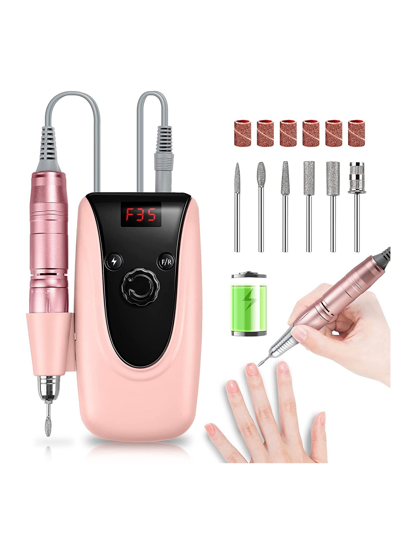 Professional Rechargeable 35000 RPM Nail Drill Machine, Portable Electric Nail File E File for Acrylic Gel Nails, Manicure Pedicure Polishing Tools with Display Screen, Pink