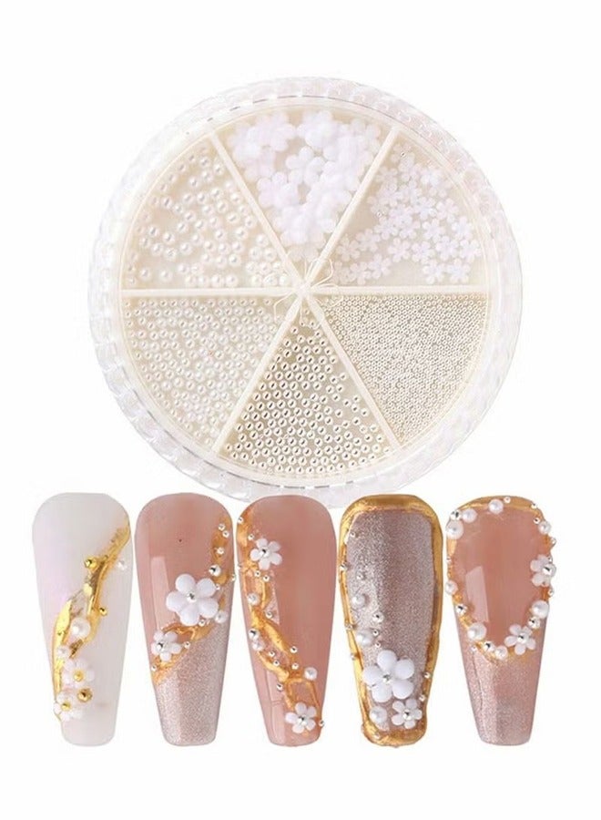 Nail Art Pearl Kits, 1 Box of 870 Pcs White Pearl Flower and Sliver Bead for Home DIY Nails Body Face Craft and Salon Use