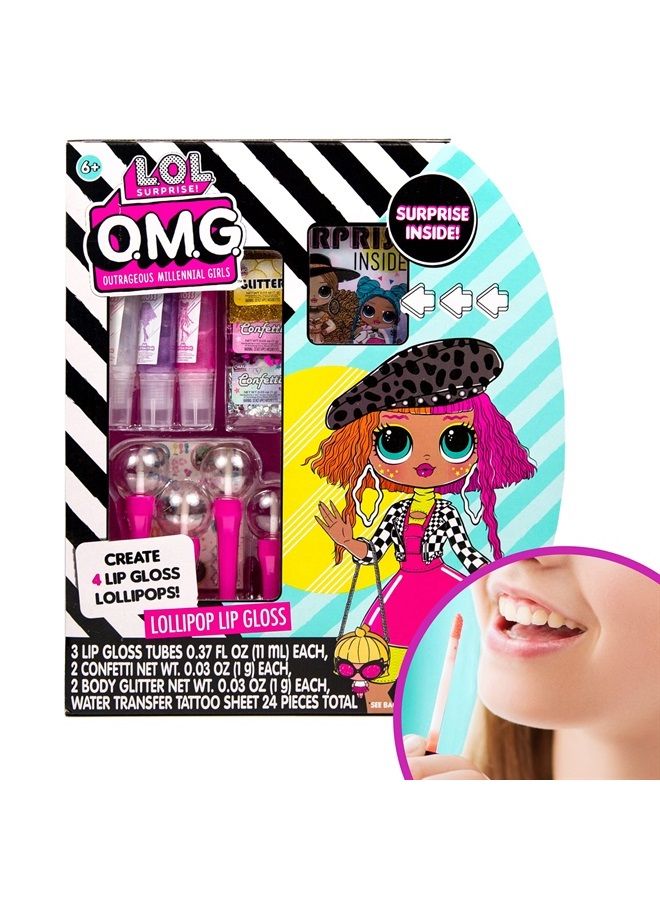Horizon Group USA L.O.L. Surprise! O.M.G. Lollipop Lip Gloss, Create 4 LOL Surprise Lip Glosses, Includes 4 Lip Gloss Containers, 3 Fun Flavors, Confetti, Surprise Temporary Tattoos & More