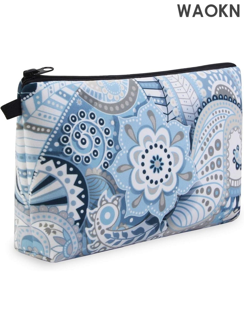 Makeup Bag for Women - Waterproof Travel Cosmetic Organizer with Black Zipper - Portable Small Toiletry Pouch for Essentials, Skincare & Jewelry - Compact Blue Floral Purse Organizer for  Work & Weekend Trips (1 Pack)