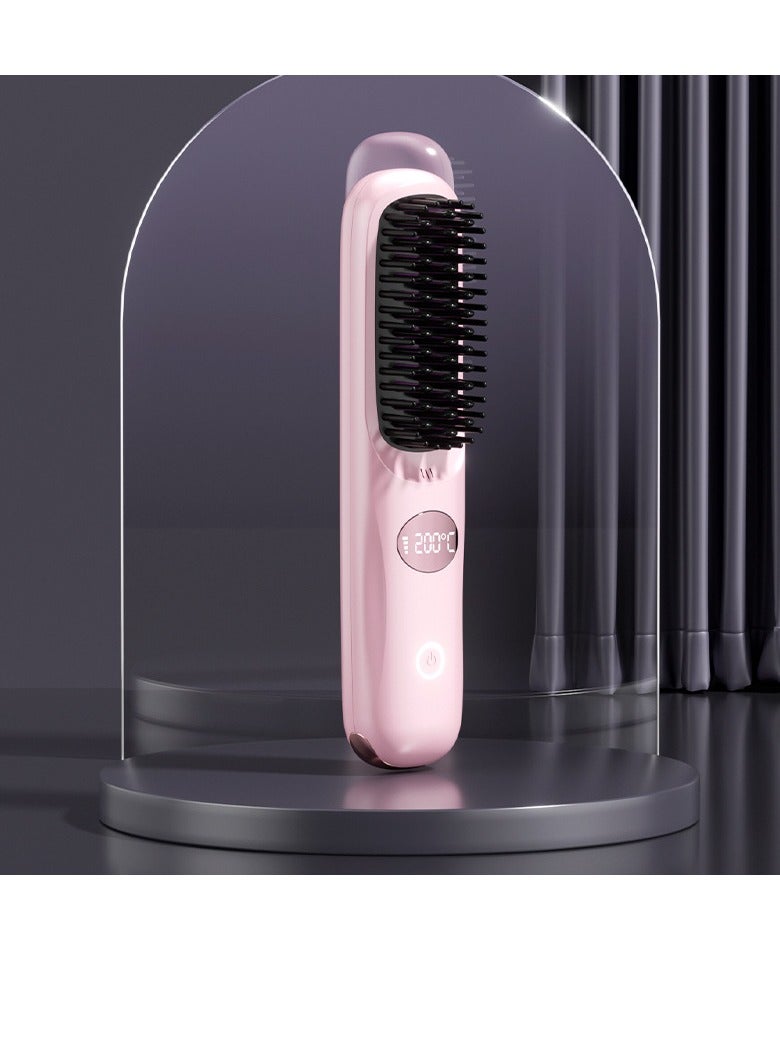 Cordless Hair Straightener Brush Portable Straightening Comb 9600mAh Batt Plasma Tech 3 Temp-Settings LED Display for Travel and Home