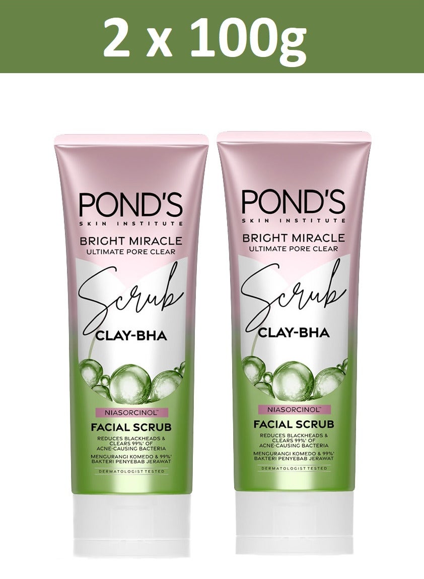 Bright Miracle Ultimate Pore Clear Scrub CLAY-BHA Niasorcinol Facial Scrub Reduces Blackheads & Clears 99% Of Acne-causing Bacteria 100g X 2